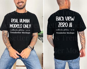 Modello di t-shirt nera da uomo Gildan 64000, vista frontale e posteriore, modello reale.