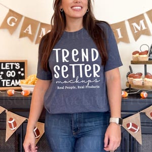 Bella Canvas 3001 Heather Navy Mockup, BC3001 Fall Football Mock-Up, Trendy Game Day Oversized Tshirt for POD, Real Person Model