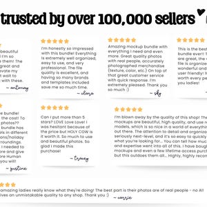 May include: A graphic display featuring the text 'trusted by over 100,000 sellers' followed by seven individual five-star customer reviews. Each review includes a star rating and text praising the quality, organization, and professional nature of a digital mockup bundle, signed by various names including antonay, clara, sky, gabriella, justine, tracey, angie, and carrie.