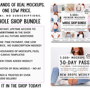 The image is a promotional advertisement for a whole shop bundle that offers thousands of real mockups, including 5,000+ premium mockups, instant access to everything in the shop, and new items added weekly. The bundle also provides 30-day passes to access all current and future releases, and it is used and trusted by over 6,000 sellers. The advertisement emphasizes that the bundle is one low price, noai, no subscriptions, and includes all current and future releases.
