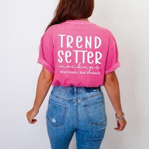 Comfort Colors 1717 Crunchberry TShirt Mockup | CC1717 Pink Mock-up | Real Model | Back of Shirt | Trendy Minimalist Studio Aesthetic