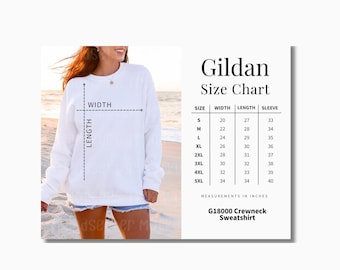 Gildan 18000 Size Chart, Crewneck Sweatshirt Measurement Guide, Real Model