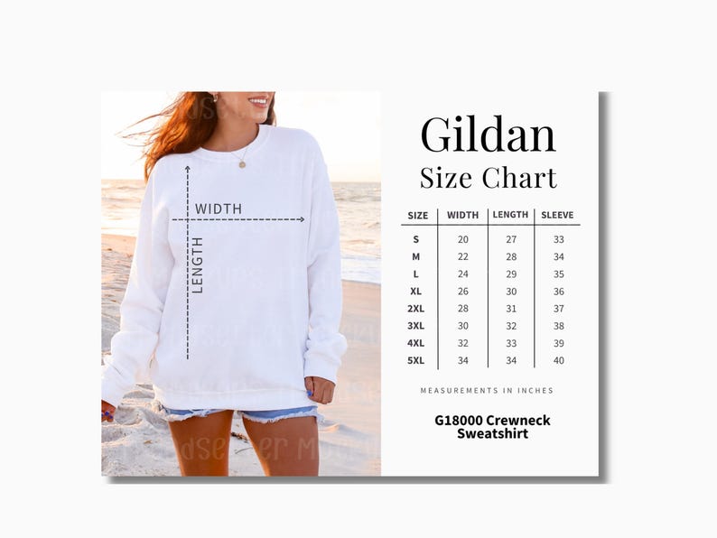Gildan 18000 Size Chart, Crewneck Sweatshirt Measurement Guide, Real Model image 1