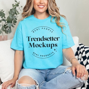 Comfort Colors 1717 Lagoon Blue Mockup, CC1717 Oversized Tee Horizonal Mock-up, Trendy Retro Checkered Mockup, Real Person Model