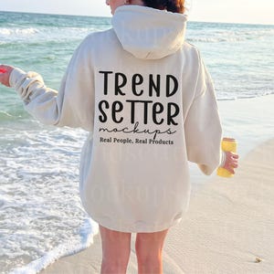 Back of Shirt Gildan 18500 Sand MockUp, Sand Hooded Sweatshirt Mock-up, Trendy Tropical Beach Aesthetic Mock Up Model, Real Person Model