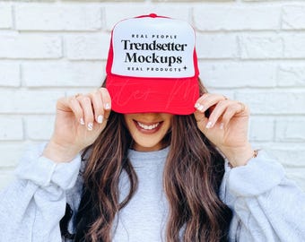 Otto Trucker Cap Mockup, 39-169 Red White Baseball Hat Mockup, Mesh Hat Mock-up, Lifestyle Mockup, Aesthetic Mockup, Real Person Model