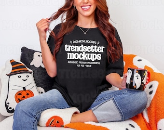 Gildan 64000 Black Halloween Mockup, G64000 Softstyle T-Shirt, Oversized Tee, Fall Lifestyle, Real Person Model