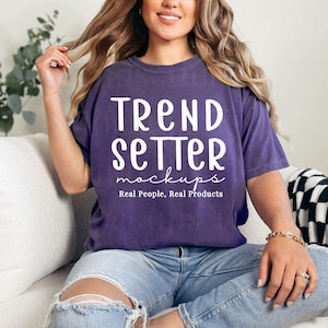 Comfort Colors 1717 Grape Mockup, CC1717 Oversized Tee Mock-up, Trendy Retro Checkered Mockup, Purple Crewneck Tshirt, Real Person Model