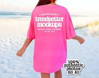 Comfort Colors 1717 Neon Pink Shirt Mockup, CC1717 Back View, Summer Beach Lifestyle, Real Person Model