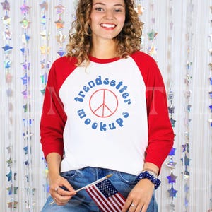 Bella Canvas 3200 Patriotic Mockup, Fourth of July White Red Raglan Mock-up, B3200 3/4 Sleeve Baseball Tee, Real Person Model