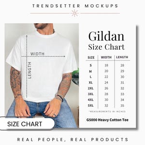 Mens Gildan 5000 Size Chart, Unisex G5000 Size Chart, Gildan Shirt Size Chart, Gildan 5000 Mockup, Real Person Model