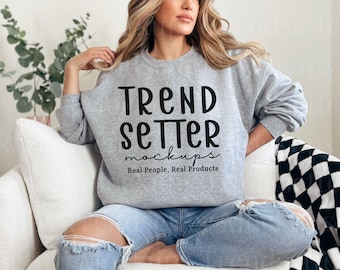 Gildan 18000 Sport Grey Mockup, Grey Crewneck Sweatshirt Boho Mock-up, Trendy Minimalist Sweater Pullover Mock, Real Person Model