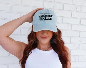 Light Blue Otto Denim Hat Mockup | Otto 18-204 Mockup | Denim Hat Mock-up | Blue Jean Hat Mock | Real Human Model | Trendy Summer Aesthetic