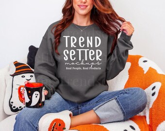 Gildan 18000 Charcoal Halloween Mockup, G18000 Crewneck Sweatshirt, Real Model