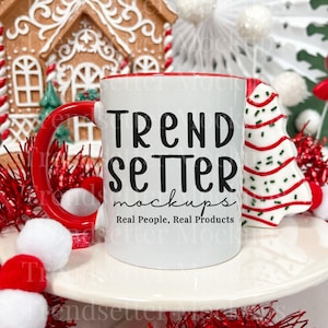 Red Handle Mug Mockup, 11oz Christmas Coffee Cup Mock-up, Holiday Season Drinkware Mock, Aesthetic Styled Product Photo, Hot Cocoa Flat lay
