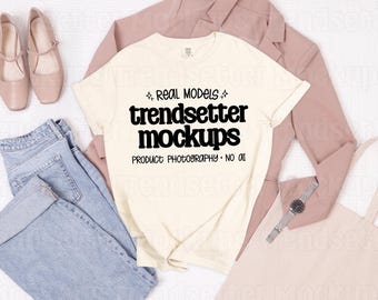 Comfort Colors 1717 Ivory Mockup, CC1717 T-Shirt, Casual Office Flat Lay