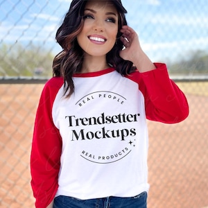 Bella Canvas 3200 Mockup, White Red Raglan Mock-up, B3200 3/4 Sleeve Baseball Tee, Real Person Model
