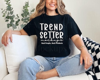 Gildan 64000 Black Mockup, G64000 Simple Oversized Tee Mock-up, Trendy Checkered Mock, High Quality PNG, Real Person Model