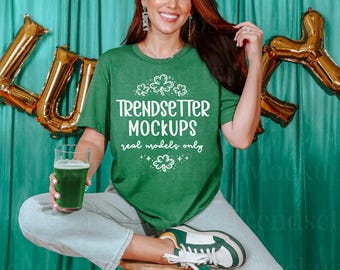 Heather Grass Green Bella Canvas 3001 Mockup | St. Patrick's Day Real Model (Digital Download)