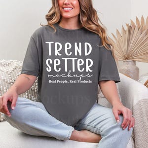 Gildan 64000 Charcoal Tshirt Mockup | G64000 Charcoal T-Shirt Mock-up | Real Person Model | G640 Softstyle Tee | Trendy Boho Aesthetic