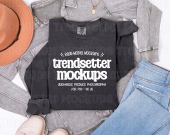 Comfort Colors 6014 Pepper T-Shirt Mockup, CC6014 Long Sleeve Tee, Fall Boho Flat Lay, No AI
