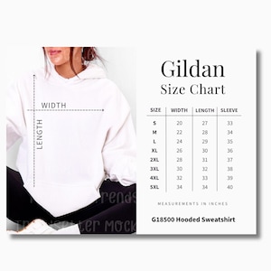 Gildan 18500 Size Chart, 18500 Gildan Sweatshirt Unisex Size Chart, Hooded Sweatshirt Size Chart, Gildan Mockup, G18500 Size Chart