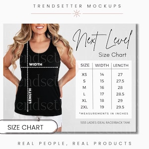 Op de afbeelding: Een zwart racerback tanktop met een maattabel. De tabel toont de afmetingen in inches voor de maten XS tot 2XL. De tekst "Next Level" en "Size Chart" worden weergegeven. De afbeelding bevat ook de tekst "Real People, Real Products."