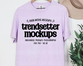 Comfort Colors 1717 Orchid Mockup, CC1717 T-Shirt, Hanging Flat Lay