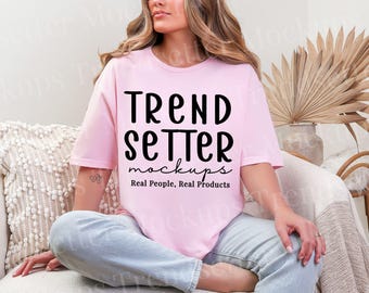 Gildan 64000 Light Pink Mockup, G64000 T-Shirt Mock, Boho Lifestyle, Real Model