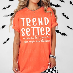 Comfort Colors 1717 Bright Salmon Mockup, CC1717 Halloween Mock-up, Trendy Retro Checkered Mockup, Vertical PNG, Real Person Model