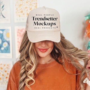 Otto Trucker Cap Mockup, 39-169 Tan Baseball Hat Mockup, Mesh Hat Mock-up, Lifestyle Mockup, Baseball Cap Mockup, Aesthetic Mockup