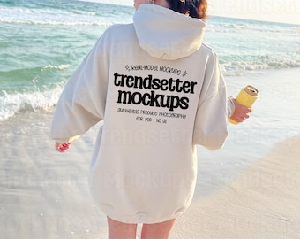Gildan 18500 Sand Hoodie Mockup, Beach G18500 Back View, No AI
