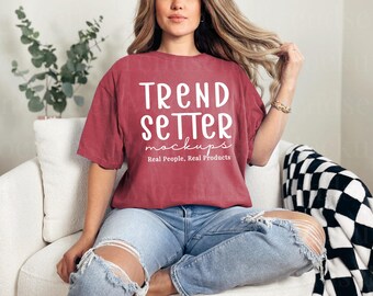 Comfort Colors 1717 Brick Mockup, CC1717 Red Oversized Tee