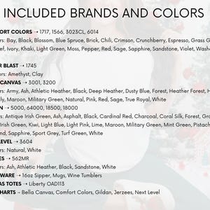 Może przedstawiać: Lista marek i kolor&oacute;w zawartych dla r&oacute;żnych produkt&oacute;w. Wymienione marki to Comfort Colors, Color Blast, Bella Canvas, Gildan, Next Level, Jerzees, Drinkware i Canvas Totes. Obraz zawiera r&oacute;wnież listę dostępnych opcji kolorystycznych.