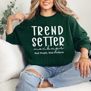 Gildan 18000 Forest Mockup, G18000 Crewneck Sweatshirt Boho Mock-up, Trendy Minimalist Forest Green Pullover, Real Person Model