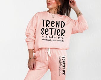 Comfort Colors 1466, 1469 Peachy Set Mockup | CC1469 Fleece Sweatpants | CC1466 Crewneck Sweatshirt | Real Person Model | Cozy Aesthetic