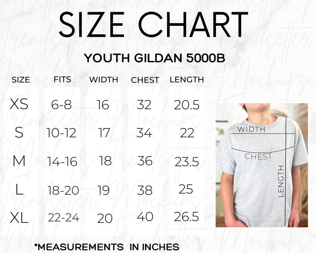 Gildan 5000B Youth Size Chart Unisex Gildan 5000B Size - Etsy