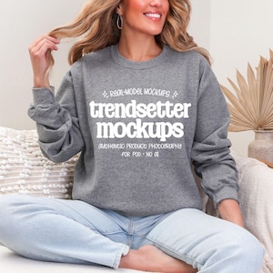 Gildan 18000 Graphite Heather Sweatshirt Mockup | G18000 Crewneck Sweatshirt Mock-up | Real Person Model | Trendy Sweater Boho Aesthetic