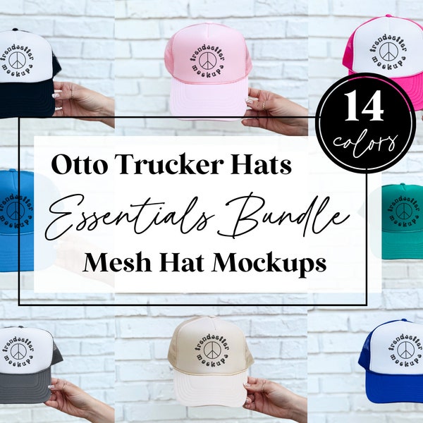 Otto Trucker Cap Mockup Bundle, Bundle of 14 Mesh Hat Mockups, Minimalist Otto Hat Mock-up Collection, White, Black, Soft Pink, Tan, Jade