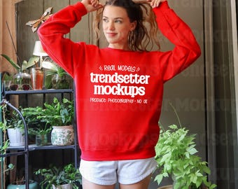 Gildan 18000 Red Mockup, G18000 Crewneck Sweatshirt, Boho Lifestyle, Real Person Model