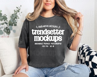 Comfort Colors Pepper 1717 T-Shirt Mockup, CC1717 Oversized Tee, Trendy Lifestyle, Real Model