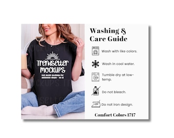 May include: Black t-shirt with the text "Trendsetter Mockups" and a sunburst design. The shirt is part of a mockups collection for authentic shops. A washing and care guide is also shown, with instructions for washing and drying.