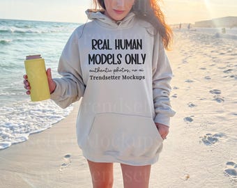 Gildan 18500 Sand Hoodie Mockup, G18500 Oversized Hooded Sweatshirt, Summer Beach Lifestyle, Real Person Model