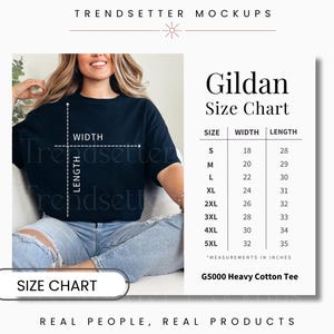 Gildan 5000 Size Chart, Unisex G5000 Size Chart, Gildan Sizing Guide, Gildan 5000 Mockup, Shop Infographic, Real Person Model