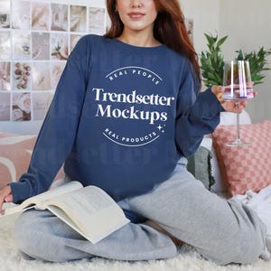 Comfort Colors 6014 Navy Shirt Mockup | CC6014 Navy Blue Long Sleeve Tee | C6014 T-Shirt Mock-up | Real Model | Trendy Bookish Aesthetic