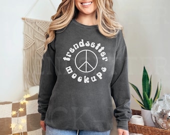 Comfort Colors 1566 Pepper Mockup, CC1566 Trendy Checkered Boho Mock-up, Grey Crewneck Sweatshirt, Unisex Size Chart, Instant Download