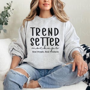 Gildan 18000 Ash Mockup | Ash Grey Crewneck Sweatshirt Boho Mock-up | Trendy Minimalist G18000 Pullover | Real Person Model