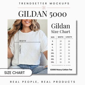 Gildan 5000 Size Chart, G5000 Unisex Size Chart, Gildan Shirt Sizing Guide, Gildan 5000 Mockup, Real Person Model