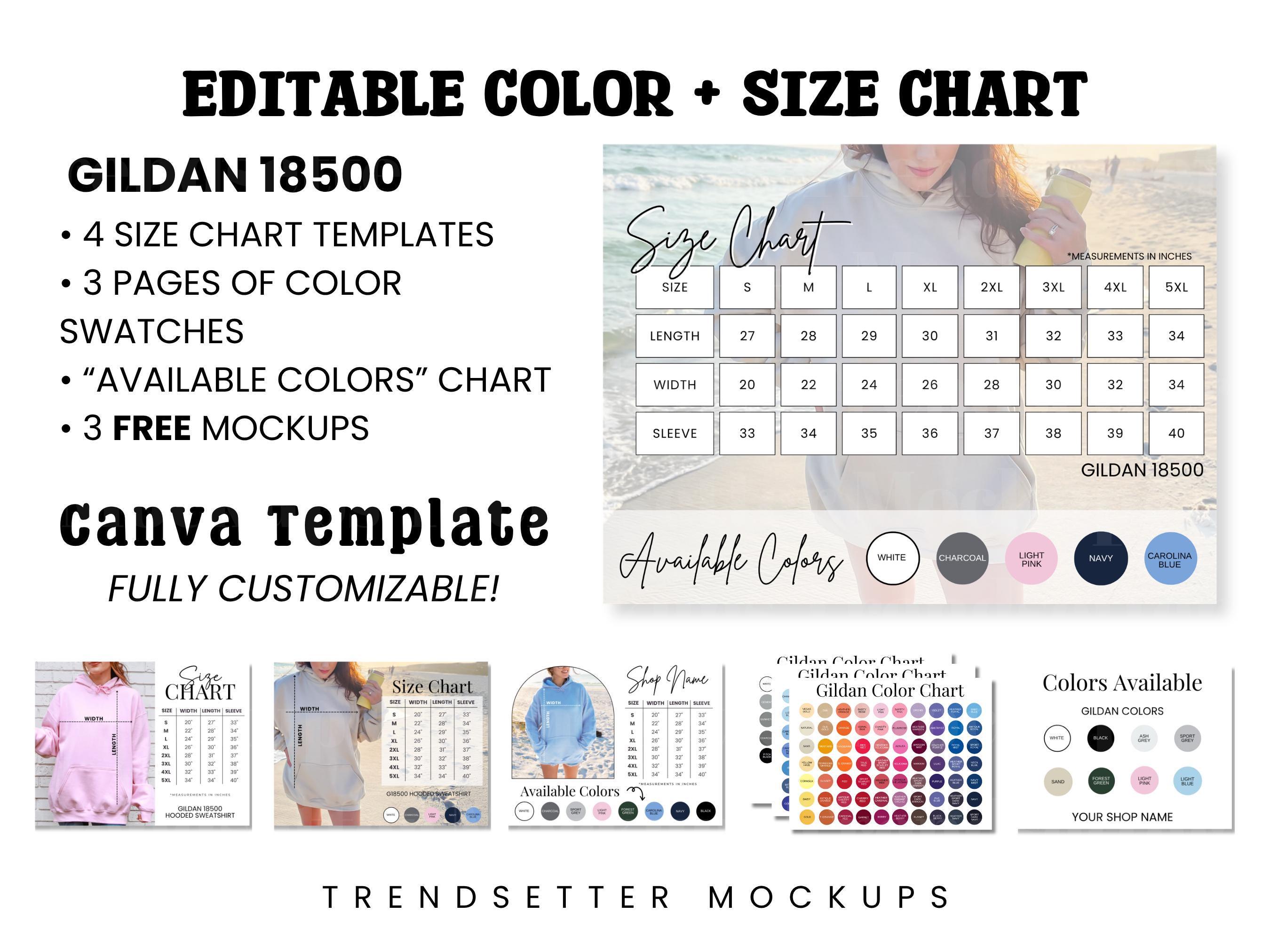 Color/size Layout Editable Gildan 18500 Hoodie Color Size Chart, Real Model Mockups ...