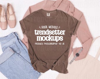 Comfort Colors 1717 Espresso Mockup, CC1717 T-Shirt, Casual Office Flat Lay